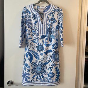 Gretchen Scott Blue & White Split Neck Dress Small